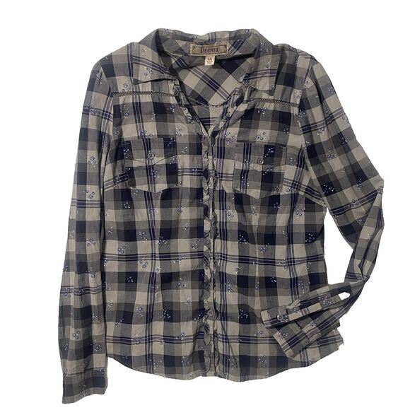 Decree Tops - Y2K Decree Purple & Gray Floral Plaid Long Sleeve Button-Up Shirt Size Large